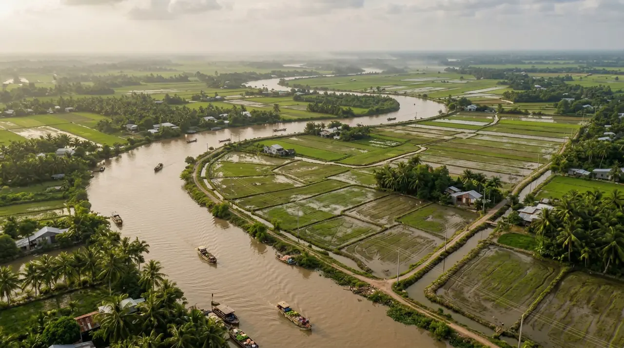 Mekong Delta aerial — canals through coconut groves