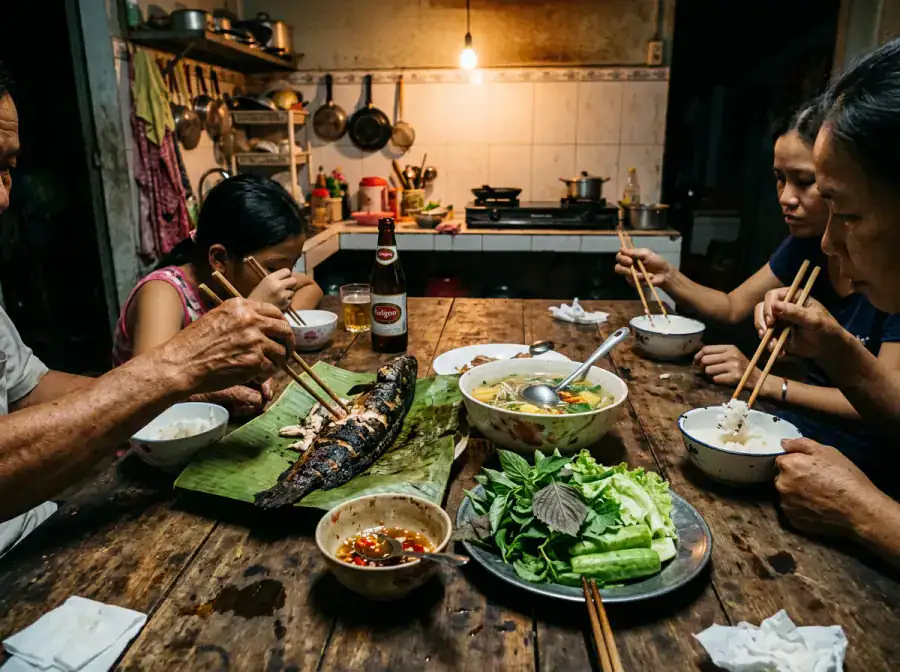 Riverside meal in a Mekong family kitchen
