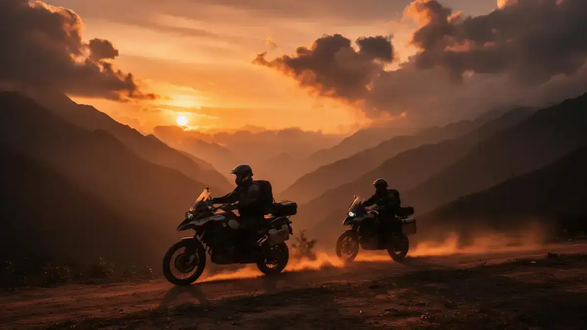 Travelers riding motorbikes across a Vietnam countryside route