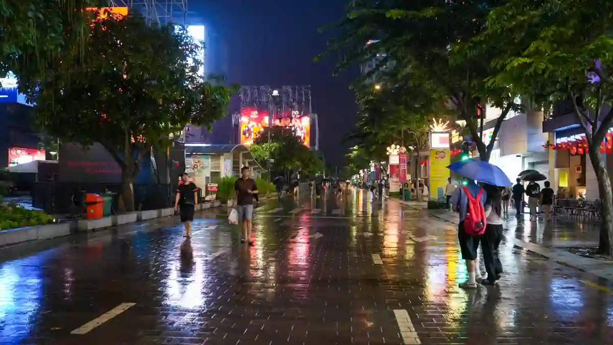 Saigon nightlife — Nguyen Hue walking street in the rain