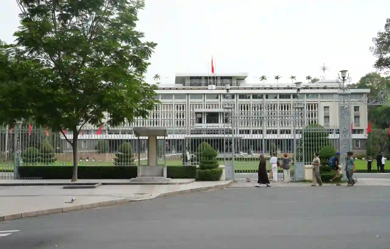 Independence Palace (Reunification Palace) front gate and modernist facade in Ho Chi Minh City